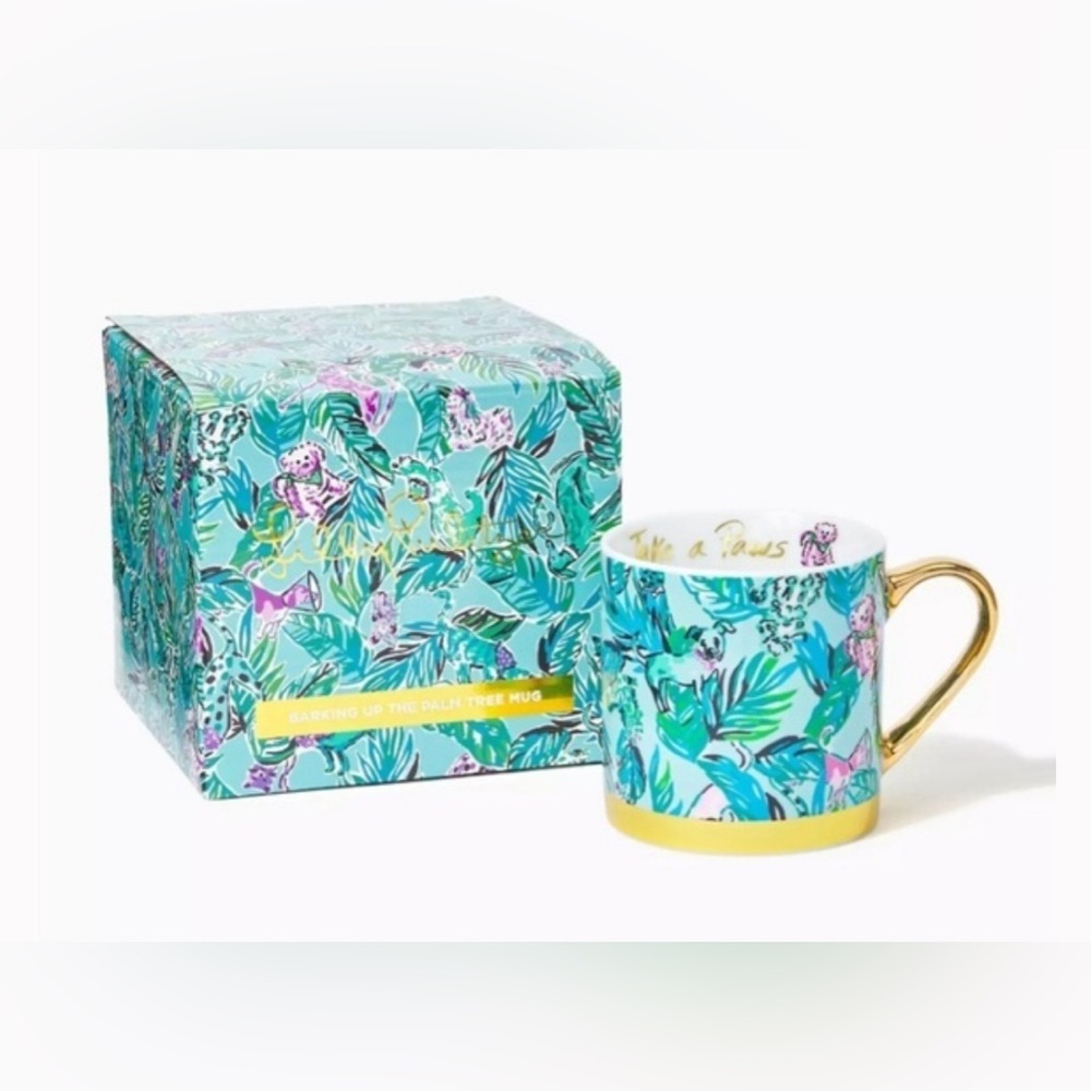 NWT Lilly Pulitzer GWP Mug Seasalt Blue Barking Up The Palm Tree